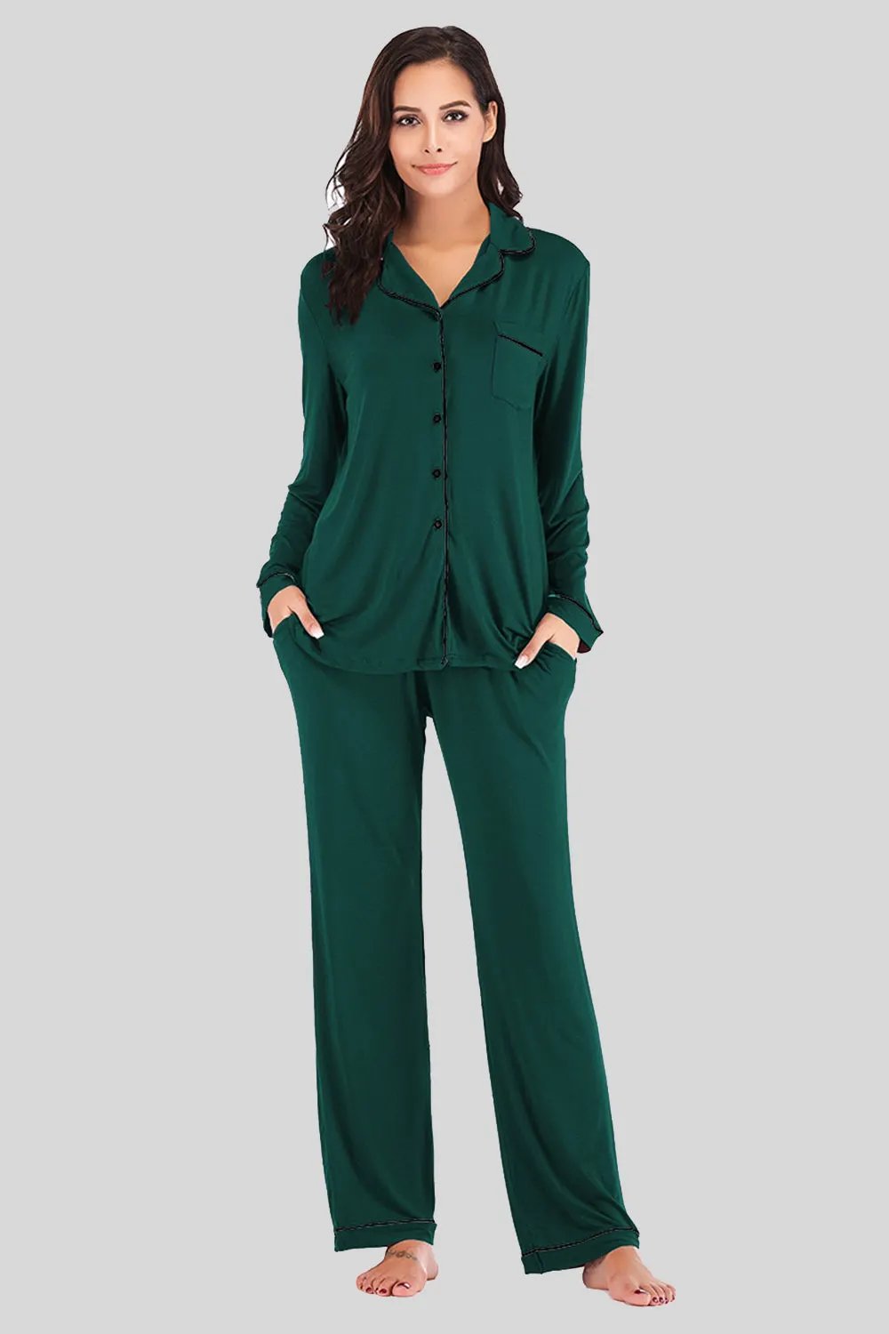 Collared Neck Long Sleeve Loungewear Set with Pockets by Partner Label