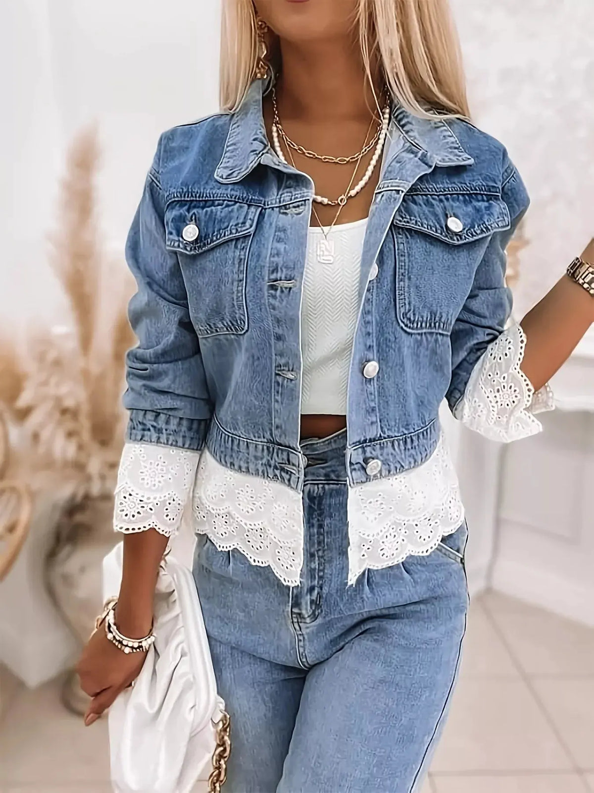 Cropped Denim Jacket with Lace Trim by Partner Label