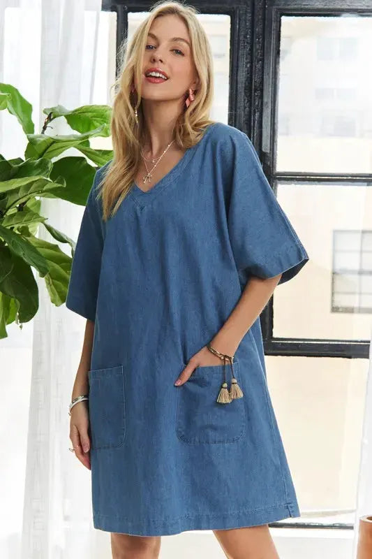 ADORA V-Neck Half Sleeve Mini Denim Dress by Partner Label