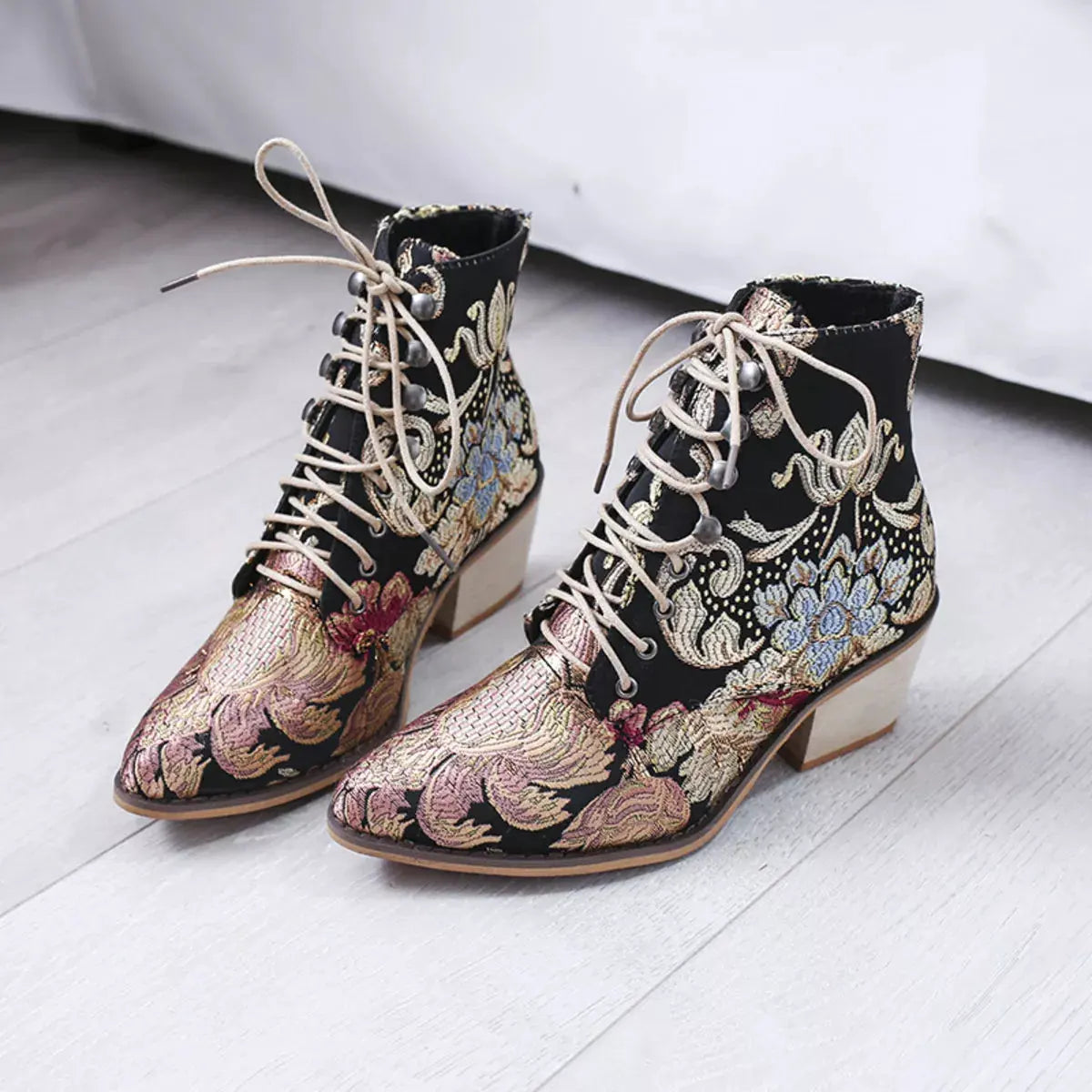 Embroidered Floral Lace-Up Ankle Boots by Partner Label