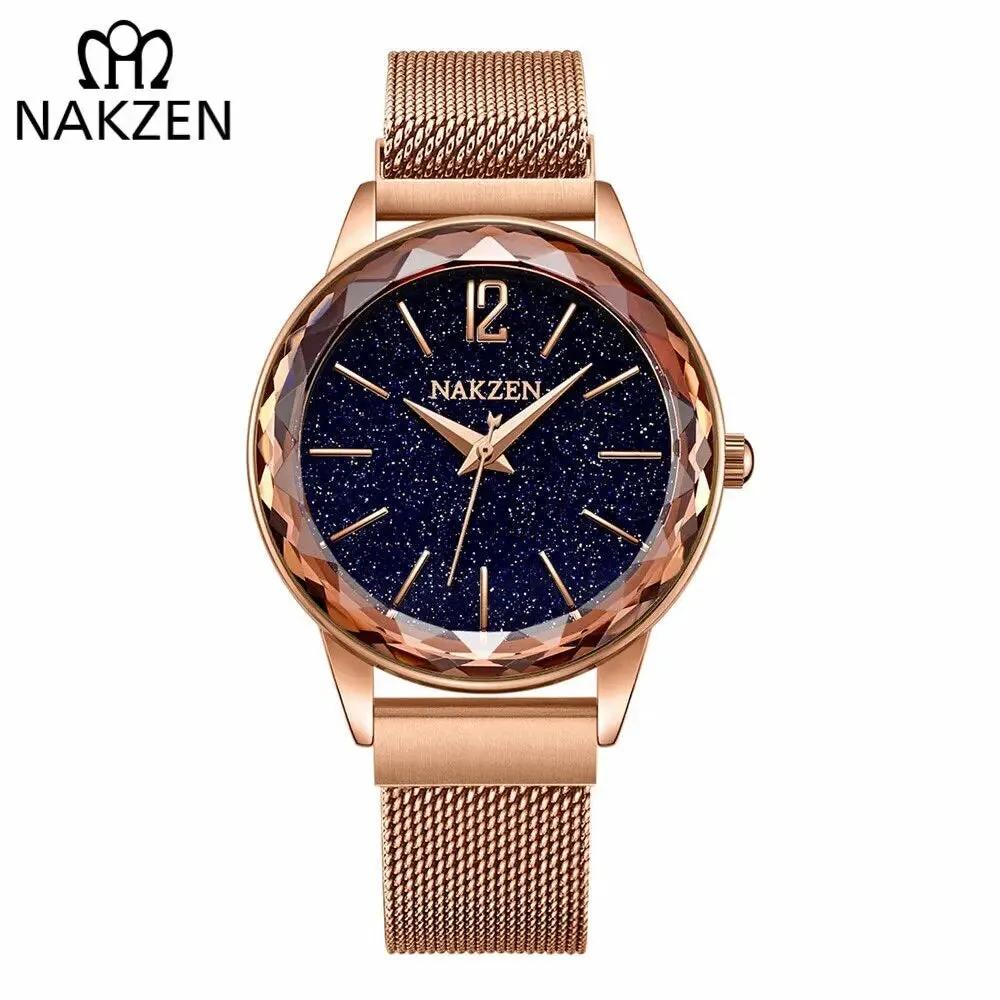 NAKZEN Rose Gold Women Watches Minimalism Starry sky Magnet Buckle Fashion Wristwatch Waterproof Roman Numeral reloj mujer 4206 by MEGIR WATCH GROUP