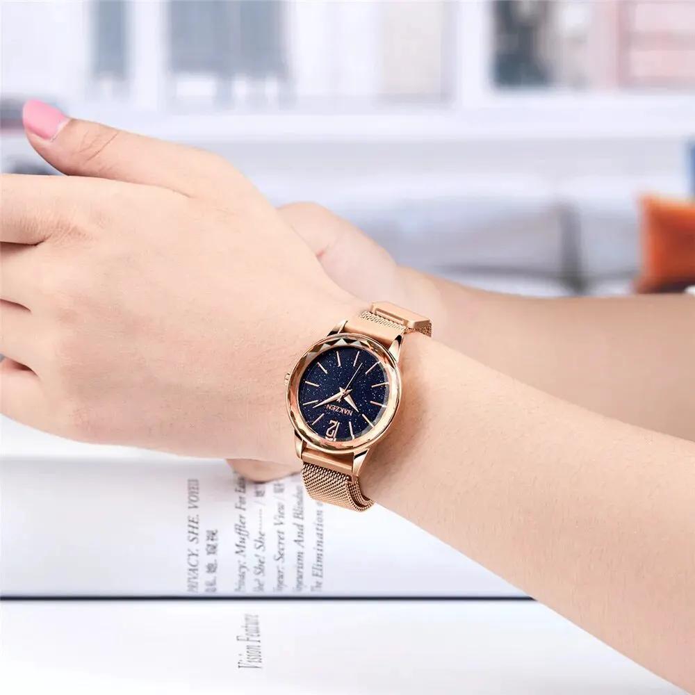 NAKZEN Rose Gold Women Watches Minimalism Starry sky Magnet Buckle Fashion Wristwatch Waterproof Roman Numeral reloj mujer 4206 by MEGIR WATCH GROUP