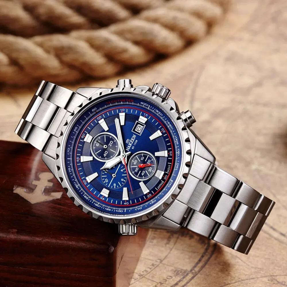 NAKZEN Business Men Multifunction Quartz Watch Man Sports Stainless Steel Watches Waterproof 10Bar WirstWatch Relogio Masculino 5043 by MEGIR WATCH GROUP