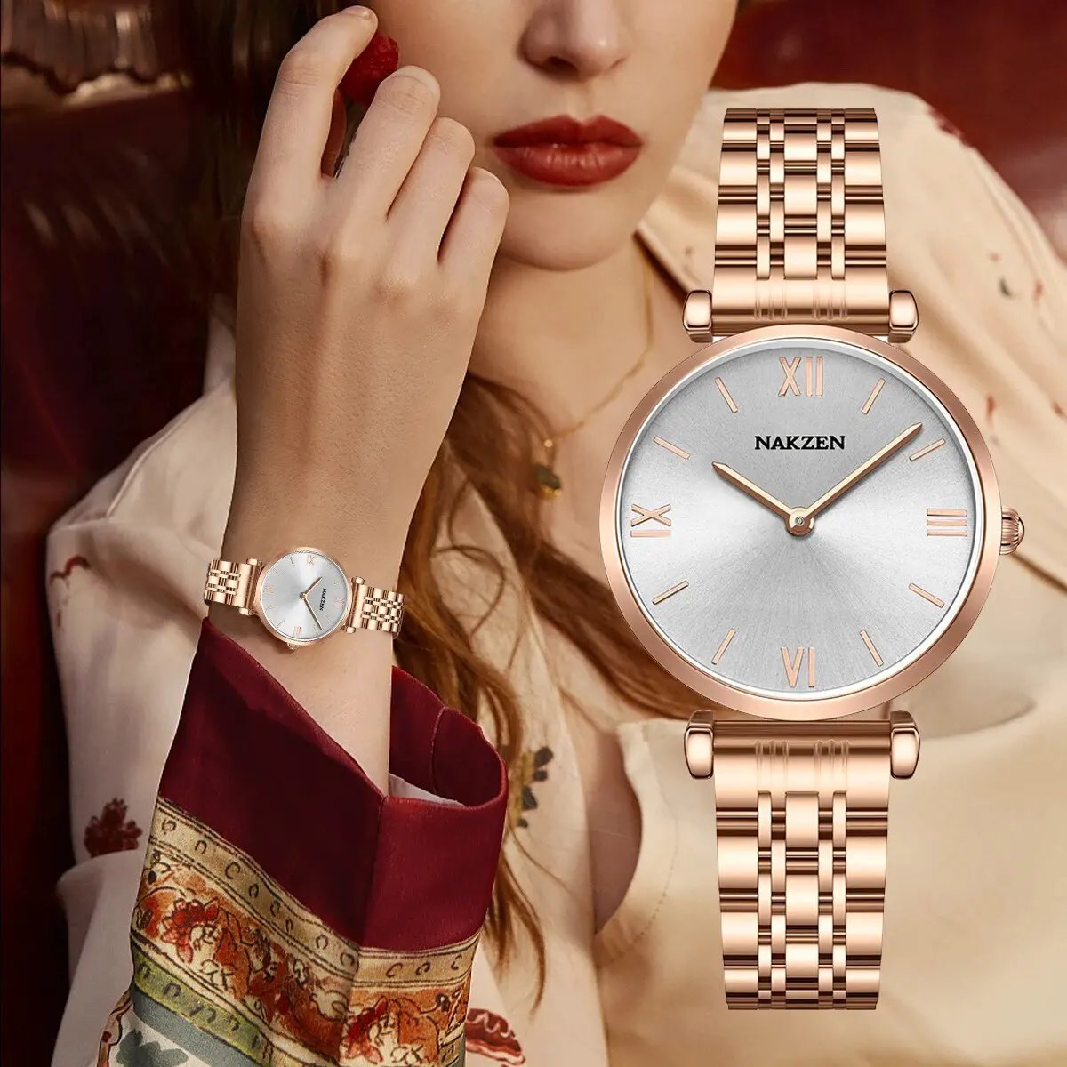 NAKZEN Luxury Crystal Watch Women Waterproof Rose Gold Steel Strap Ladies Wrist Watches Top Brand Bracelet Clock Relogio Feminino 4153 by MEGIR WATCH GROUP