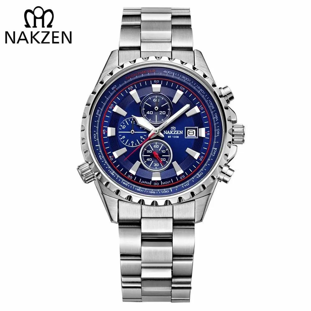 NAKZEN Business Men Multifunction Quartz Watch Man Sports Stainless Steel Watches Waterproof 10Bar WirstWatch Relogio Masculino 5043 by MEGIR WATCH GROUP