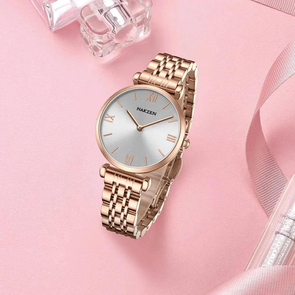 NAKZEN Luxury Crystal Watch Women Waterproof Rose Gold Steel Strap Ladies Wrist Watches Top Brand Bracelet Clock Relogio Feminino 4153 by MEGIR WATCH GROUP