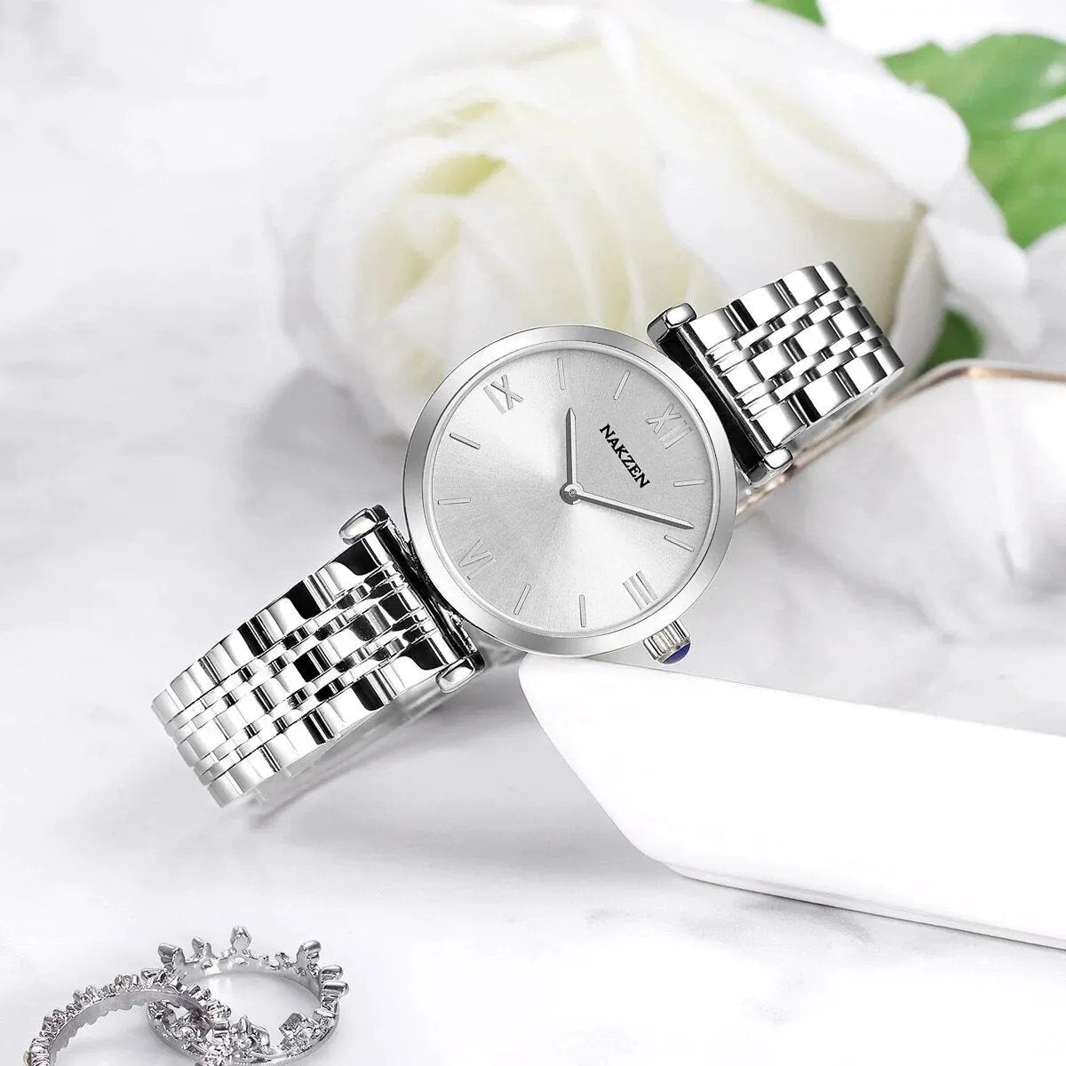 NAKZEN Luxury Crystal Watch Women Waterproof Rose Gold Steel Strap Ladies Wrist Watches Top Brand Bracelet Clock Relogio Feminino 4153 by MEGIR WATCH GROUP