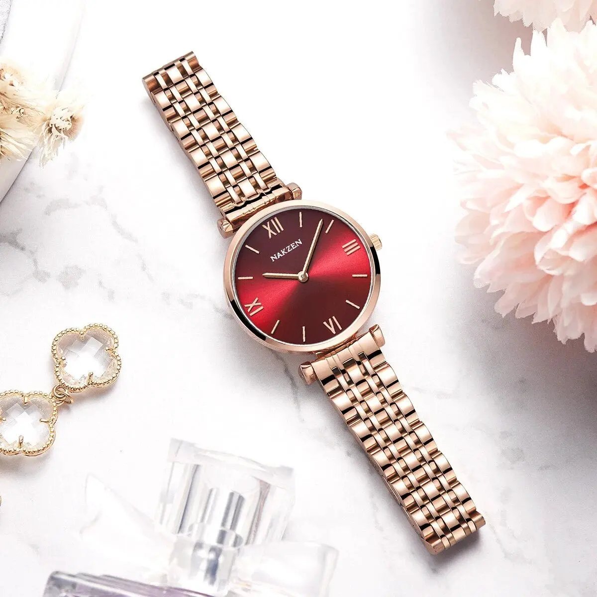 NAKZEN Luxury Crystal Watch Women Waterproof Rose Gold Steel Strap Ladies Wrist Watches Top Brand Bracelet Clock Relogio Feminino 4153 by MEGIR WATCH GROUP