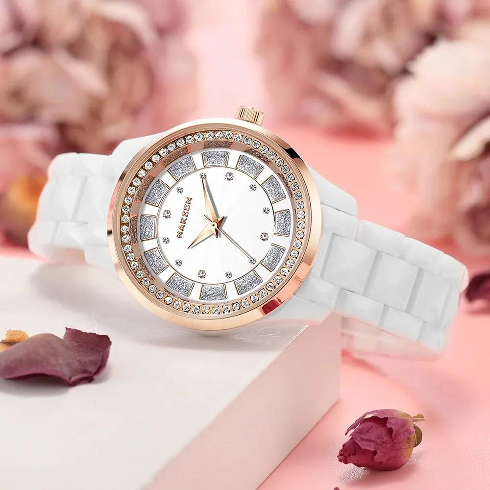 NAKZEN Design Quartz Ladies Watch High Quality Ceramic Bracelet White Watches Luxury Diamond Clock Gifts for Women Relojes De Mu 1025 by MEGIR WATCH GROUP