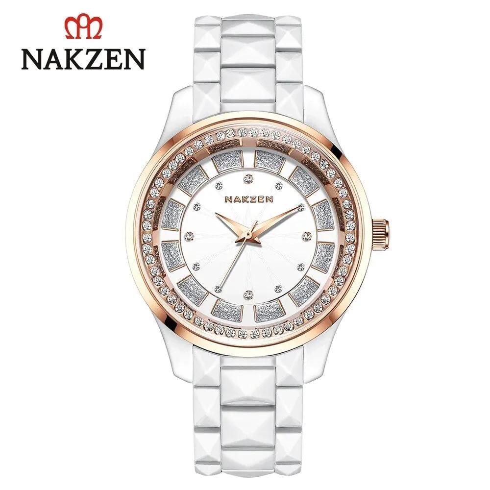 NAKZEN Design Quartz Ladies Watch High Quality Ceramic Bracelet White Watches Luxury Diamond Clock Gifts for Women Relojes De Mu 1025 by MEGIR WATCH GROUP