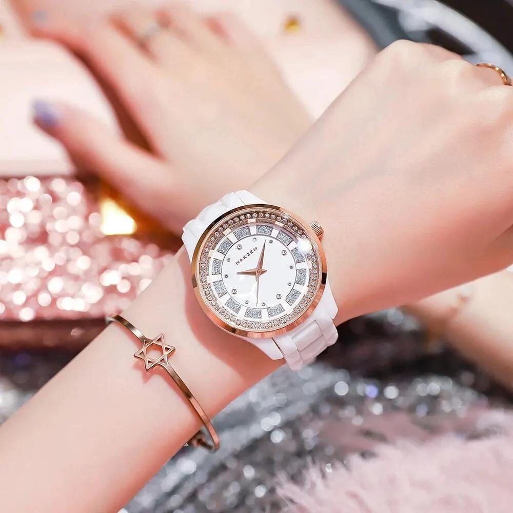 NAKZEN Design Quartz Ladies Watch High Quality Ceramic Bracelet White Watches Luxury Diamond Clock Gifts for Women Relojes De Mu 1025 by MEGIR WATCH GROUP