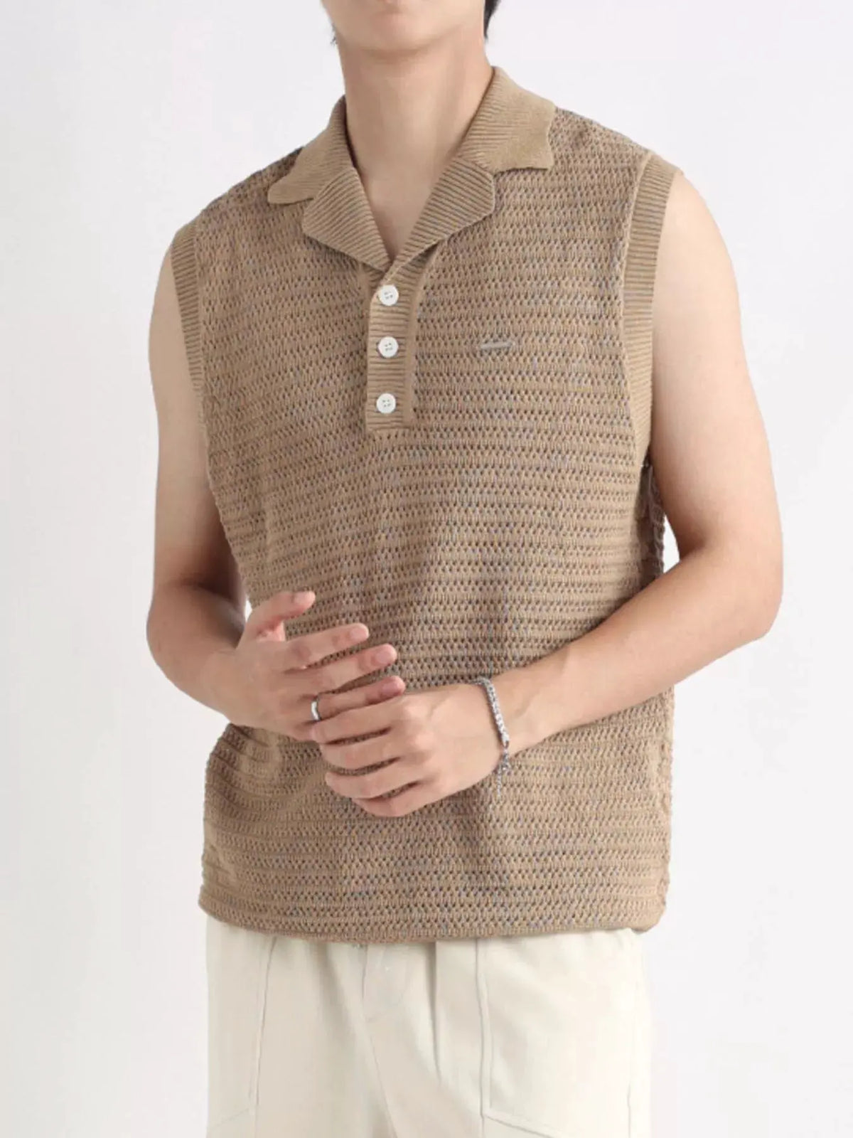 Men's Plus Size Breathable Knit Polo Collar Tank by Trendsi