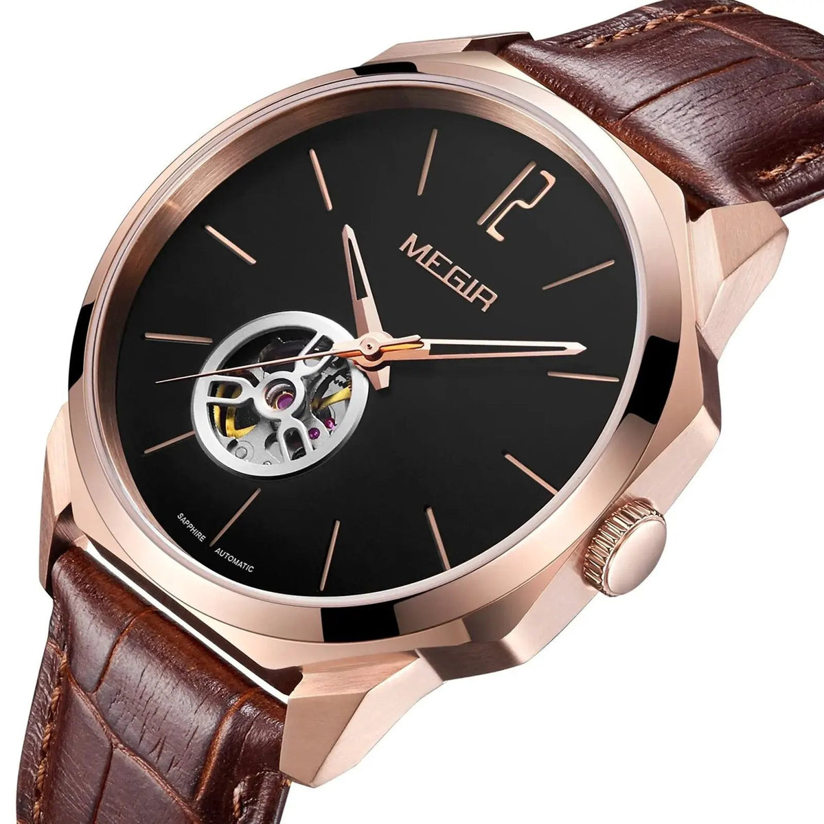 MEGIR Retro Men's Wristwatch Luxury Automatic Mechanical Watches Leather Strap Sapphire 5ATM Waterproof Watch Relogio Masculino 62073 by MEGIR WATCH GROUP