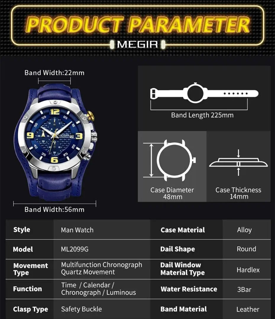 MEGIR Large Dial Watches for Men Luxury Brand Sports Chronograph Clock Waterproof Luminous Hands Quartz Wristwatch Reloj Hombre 2099 by MEGIR WATCH GROUP