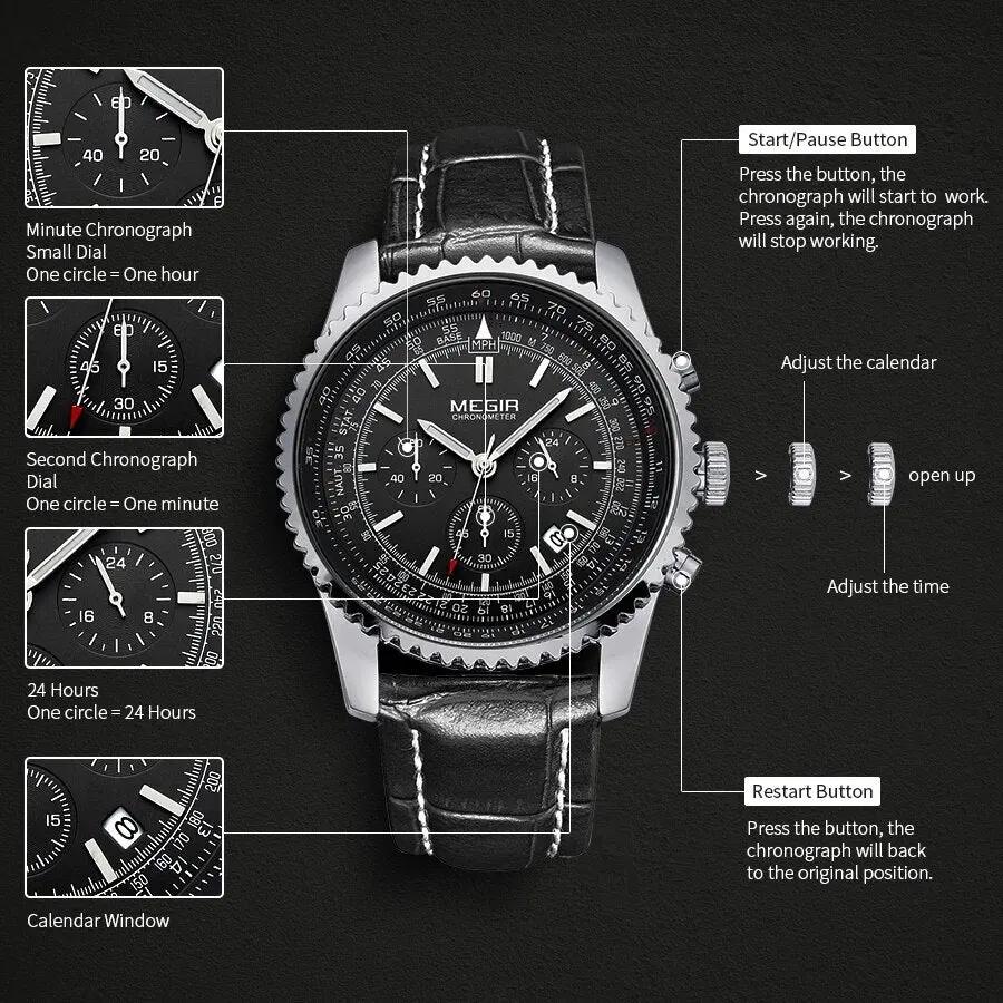 MEGIR Fashion Leather Strap Quartz Watches Waterproof Luminous Men Casual Sport Wristwatch Date Clock Chronograph Reloj Hombre 2009 by MEGIR WATCH GROUP