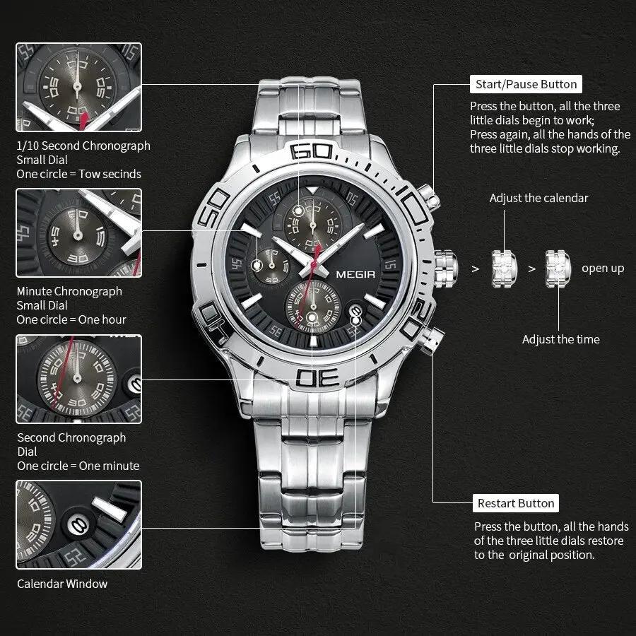 MEGIR Luxury Business Watch for Men Fashion Casual Clock Stainless Steel Calendar Luminous Chronograph Quartz Sport WristWatches 2019 by MEGIR WATCH GROUP