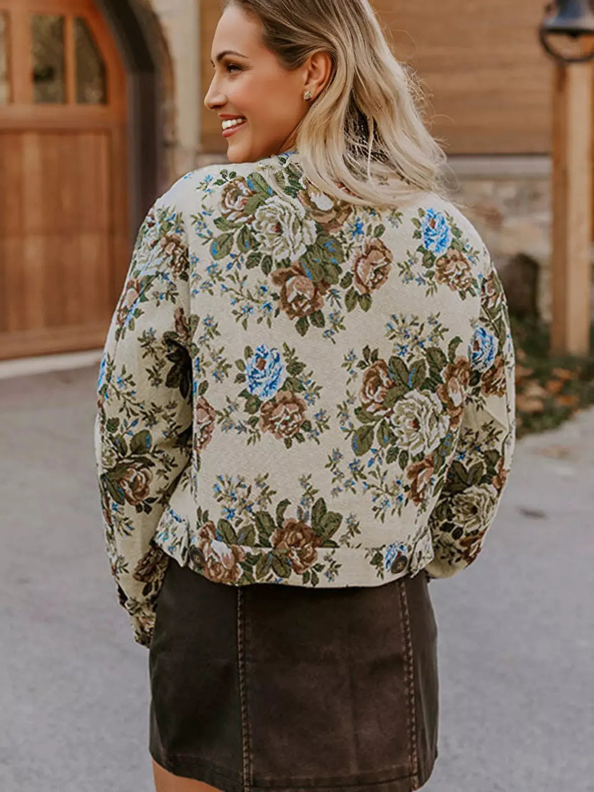 Floral Print Zip Up Contrast Collared Jacket by Partner Label