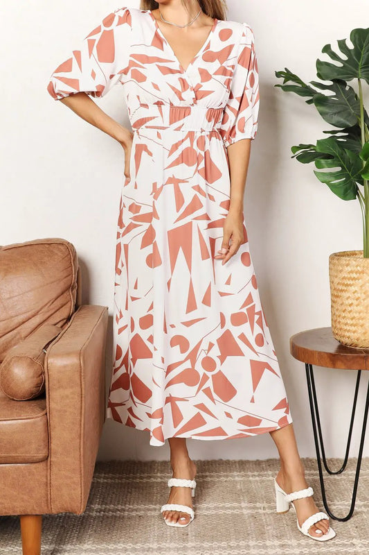 Printed Surplice Balloon Sleeve Dress by Partner Label