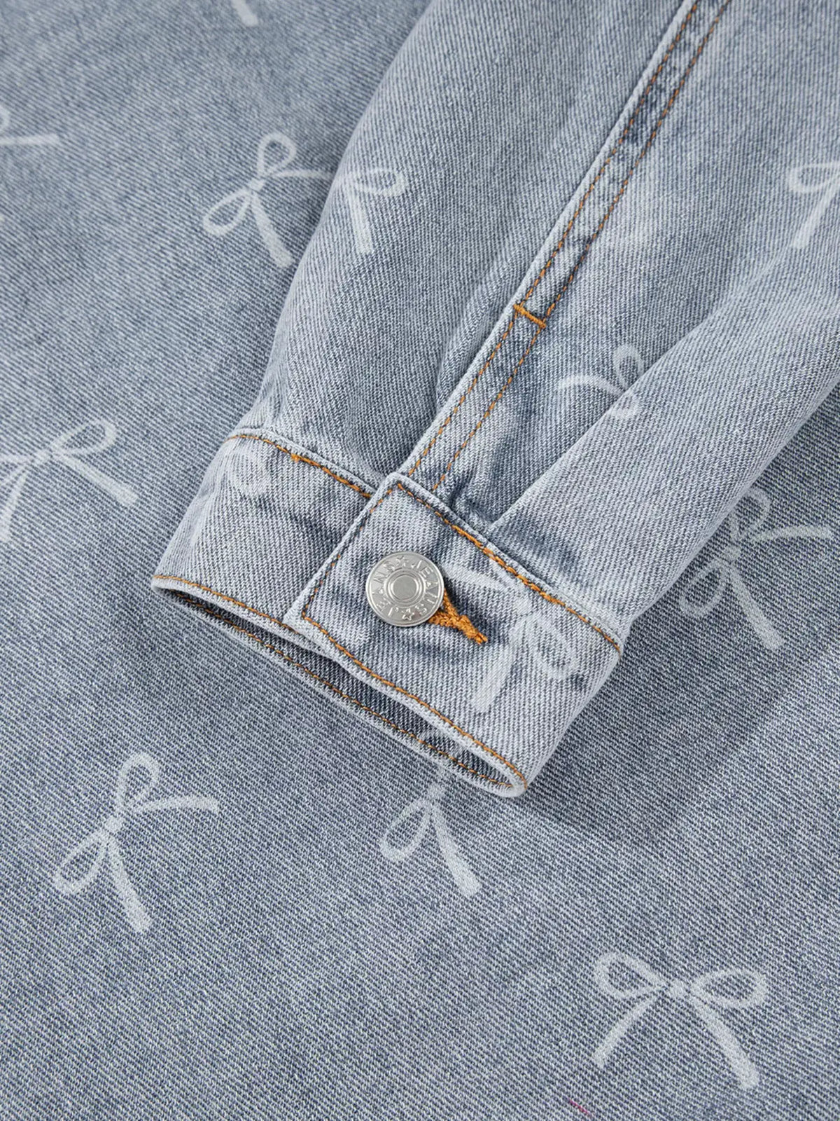 Bow Knot Print Light Wash Raw Hem Denim Jacket by Partner Label