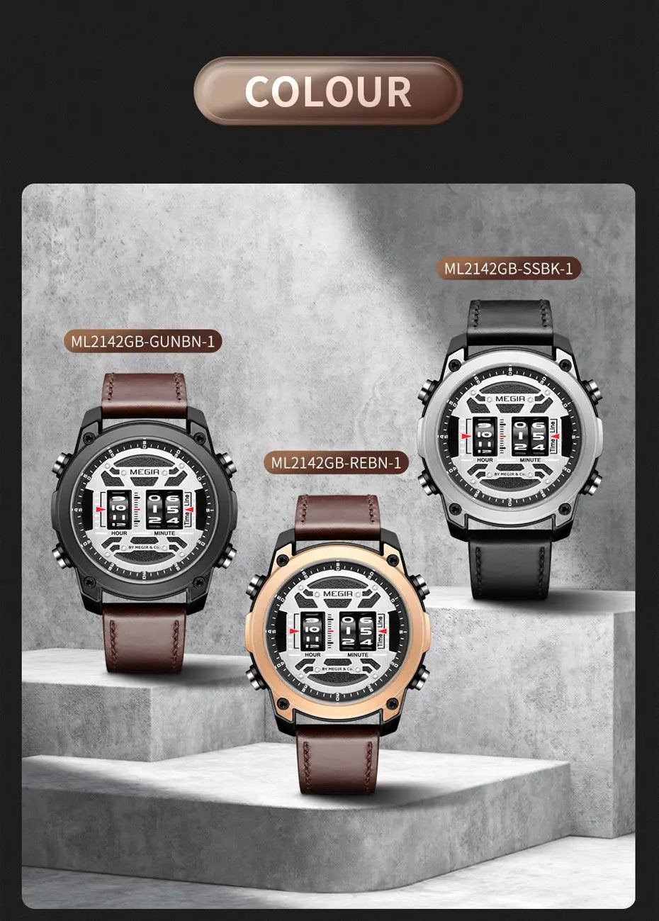 MEGIR Men's Watch Roller Business Casual Wristwatch Leather Fashion Sports Quartz Watch Chronograph Waterproof Male Clock 2142 by MEGIR WATCH GROUP