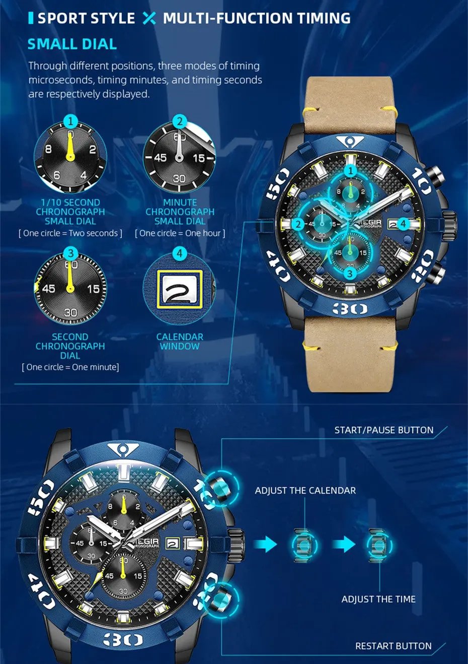 MEGIR Men Watches Fashion Luxury Big Dial Sports Watches Waterproof Quartz Wristwatch Chronograph Man Casual Luminous Clock 2136 by MEGIR WATCH GROUP
