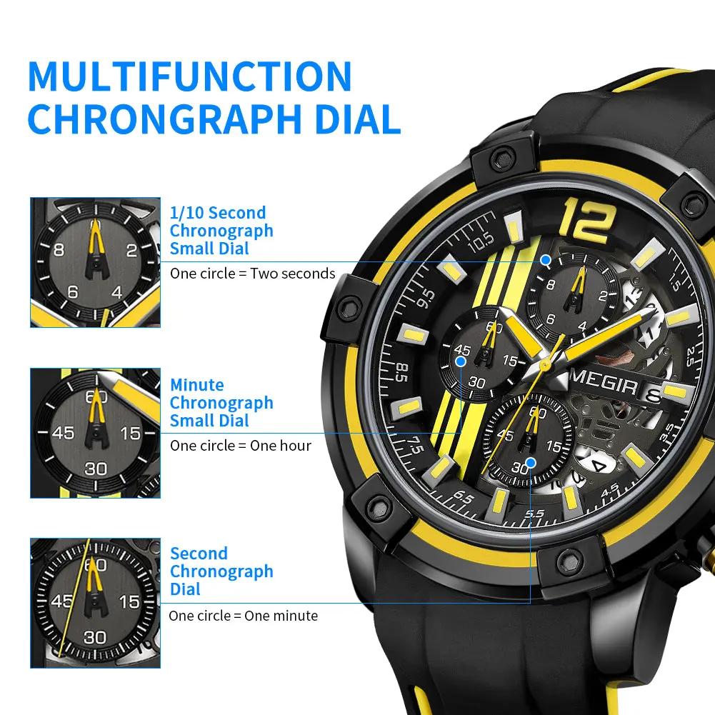 MEGIR Chronograph Mens Sport Watches with Silicone Band Big Dial Military Quartz Watch Men Clock Relogio Masculino Reloj Hombre 2097 by MEGIR WATCH GROUP