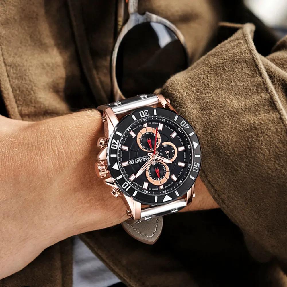 MEGIR Watch Men's Military Sport Wrist Watches Waterproof Leather Quartz Chronograph Calendar Luminous Clock Watch for Man 2081 by MEGIR WATCH GROUP