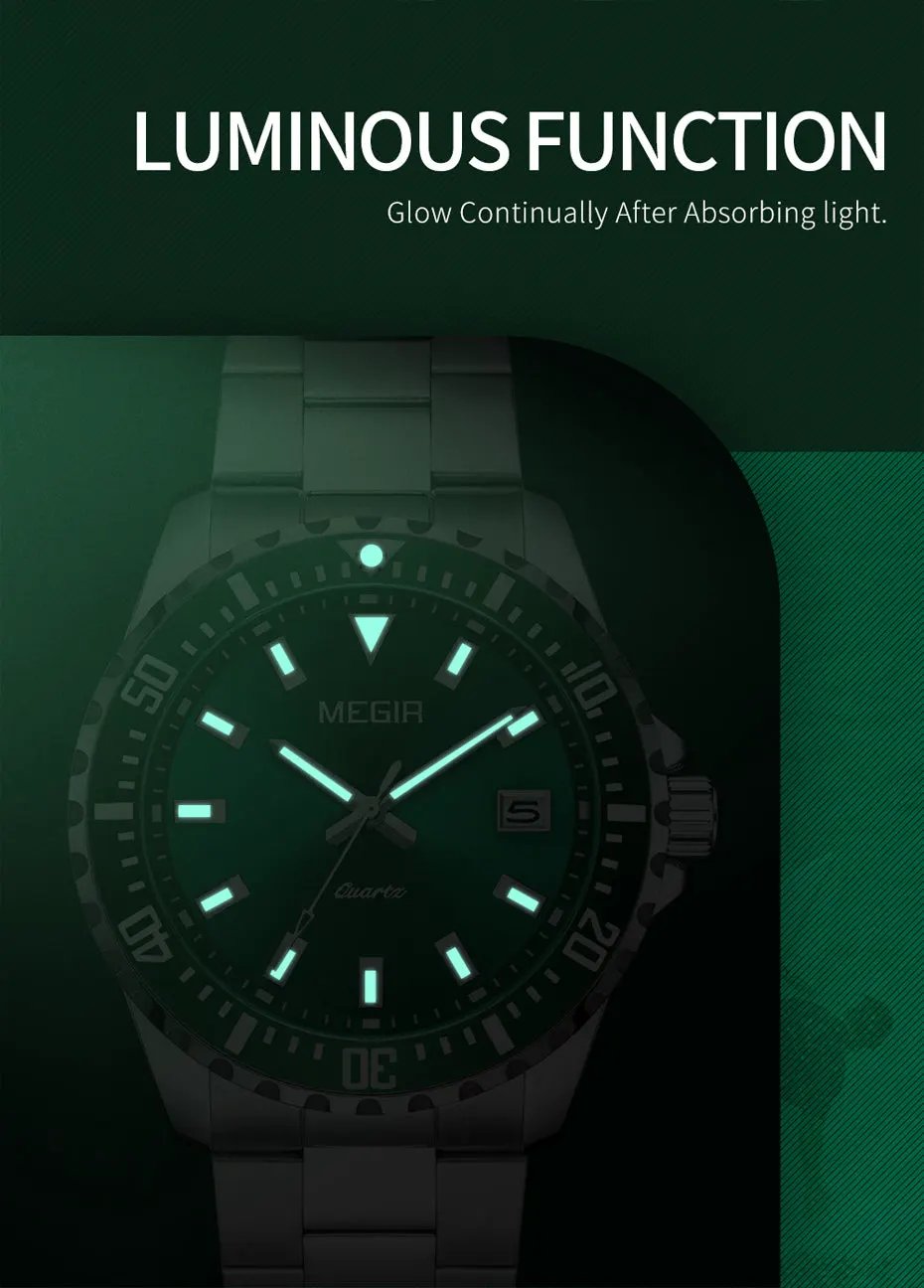 MEGIR Fashion Men Watches Top Luxury Stainless Steel Quartz Wristwatch Calendar Luminous Clock Large Dial Relogio Masculino 2064AG by MEGIR WATCH GROUP