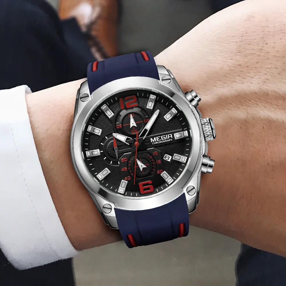 MEGIR Brand Luxury Big Dial Sport Quartz Watch for Men Waterproof Silicone Strap Chronograph Clock Wristwatch Reloj Hombre 2063 by MEGIR WATCH GROUP