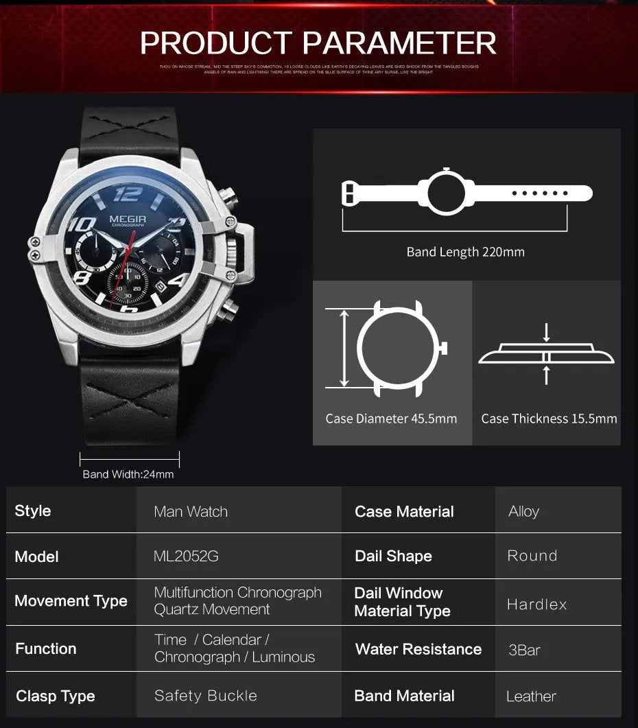 MEGIR Fashion Men Watches Leather Strap Sport Watch Chronograph Waterproof Quartz Wristwatch Clock Relogio Masculino 2052 by MEGIR WATCH GROUP