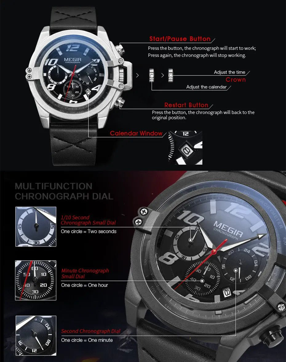 MEGIR Fashion Men Watches Leather Strap Sport Watch Chronograph Waterproof Quartz Wristwatch Clock Relogio Masculino 2052 by MEGIR WATCH GROUP