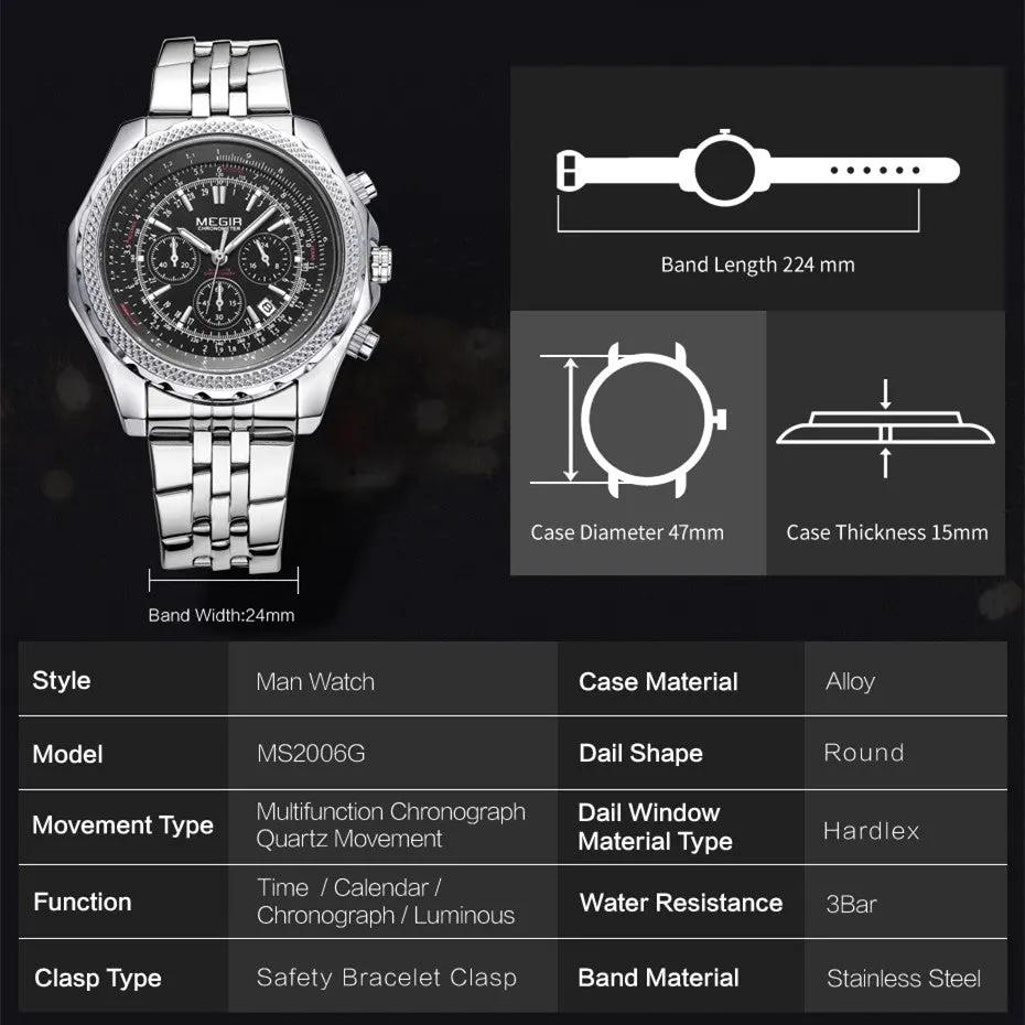 MEGIR Fashion Business Men's Watch Stainless Steel Quartz Wristwatch Calendar Big Dial Man Military Sports Chronograph Clock 2006 by MEGIR WATCH GROUP