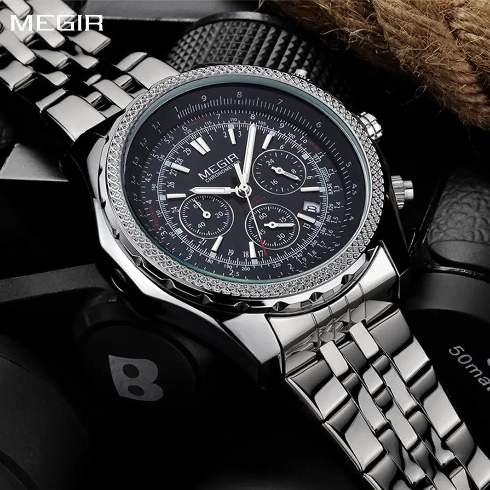 MEGIR Fashion Business Men's Watch Stainless Steel Quartz Wristwatch Calendar Big Dial Man Military Sports Chronograph Clock 2006 by MEGIR WATCH GROUP