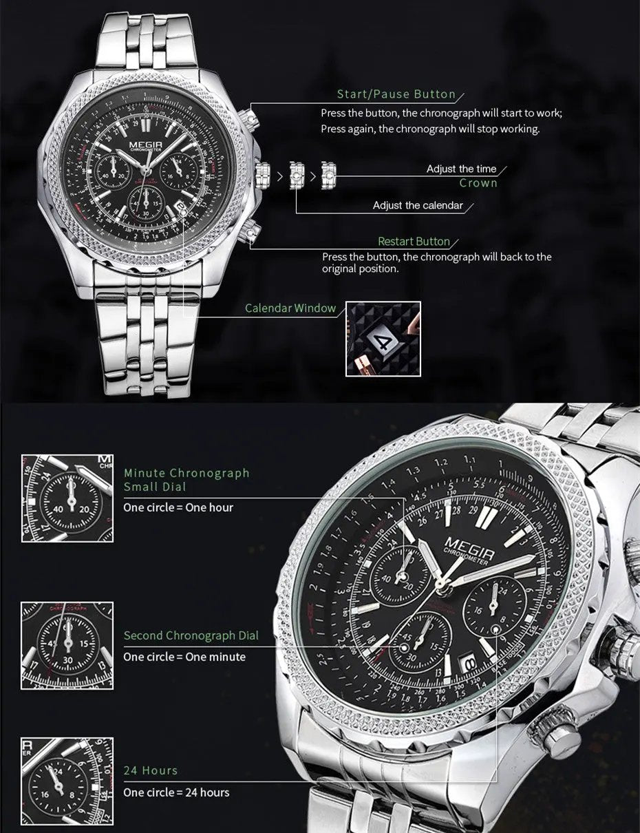MEGIR Fashion Business Men's Watch Stainless Steel Quartz Wristwatch Calendar Big Dial Man Military Sports Chronograph Clock 2006 by MEGIR WATCH GROUP
