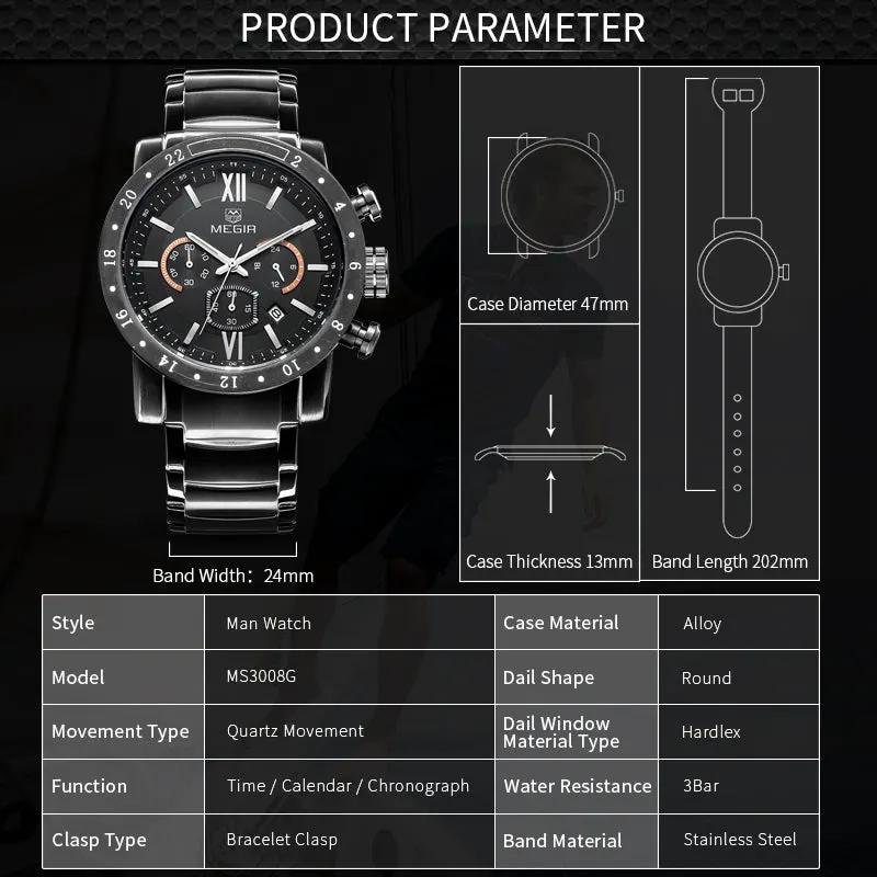 MEGIR Luxury Men's Business Watches Chronograph Waterproof Stainless Steel Quartz Watch Calendar Male Clock Reloj Hombre 3008 by MEGIR WATCH GROUP