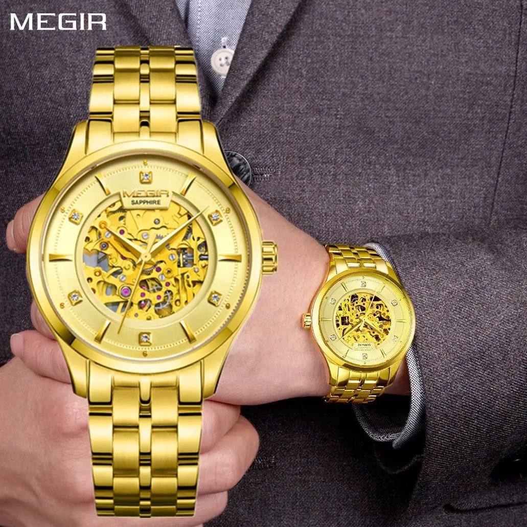 MEGIR Luxury Men Watches Waterproof Automatic Mechanical Watch Stainless Steel Sapphire Gold Business WristWatch Reloj Hombre 62058 by MEGIR WATCH GROUP