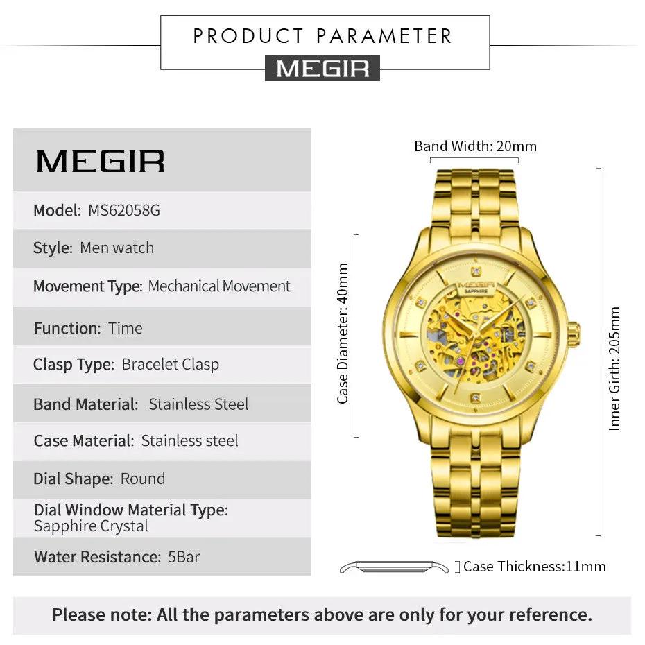 MEGIR Luxury Men Watches Waterproof Automatic Mechanical Watch Stainless Steel Sapphire Gold Business WristWatch Reloj Hombre 62058 by MEGIR WATCH GROUP