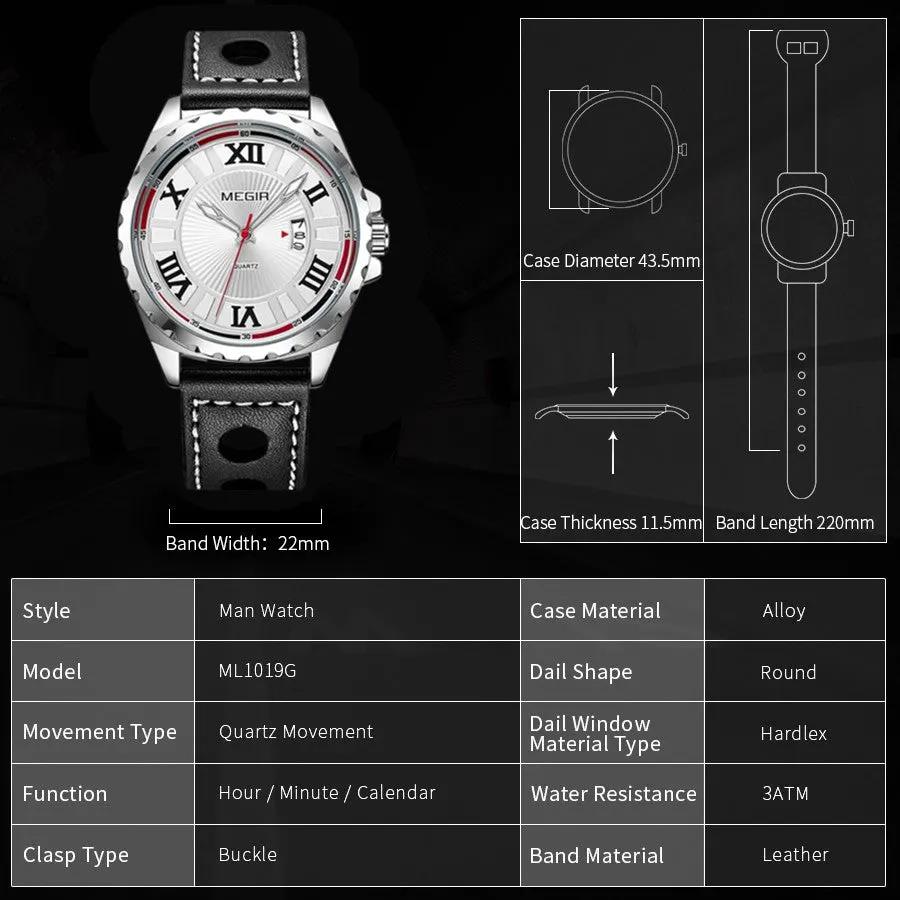 MEGIR Sport Men Watch Top Brand Leather Quartz Watches Man Clock Time Fashion Military Wristwatches Calendar Reloj Hombre 1019 by MEGIR WATCH GROUP