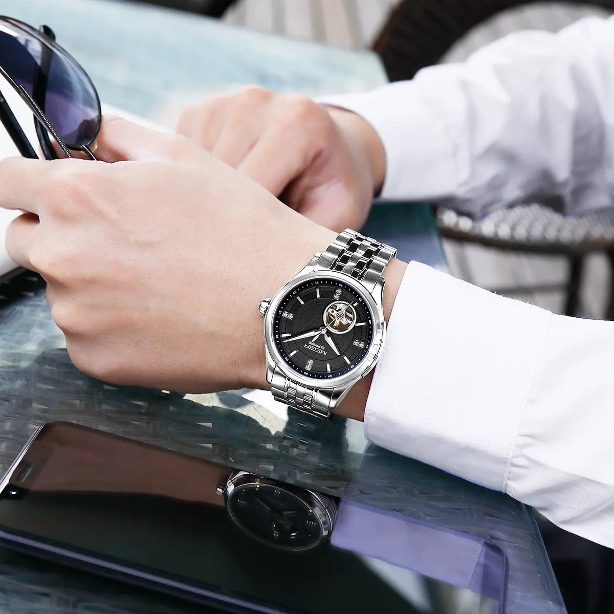 MEGIR Top Brand Luxury Business Watch Men Stainless Steel Waterproof Automatic Mechanical WristWatch Clock Big Dial Montre Homme 62055 by MEGIR WATCH GROUP