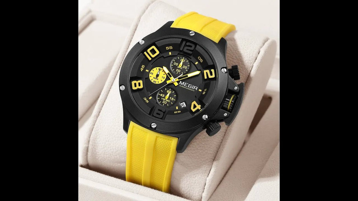 MEGIR Relogio Masculino Luxury Quartz Watch for Men Yellow Silicone Strap Military Sport WristWatch Chronograph with Auto Date 8115 by MEGIR WATCH GROUP