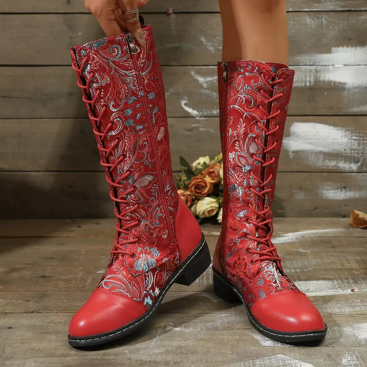 Embroidered Lace-Up Block Heel Boots by Partner Label