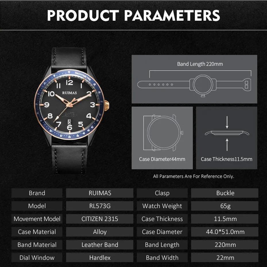 RUIMAS Men Quartz Watches Luxury Leather Sports Quartz Wristwatches Waterproof Luminous Casual Clock Auto Date Relogio Masculino 573 by MEGIR WATCH GROUP