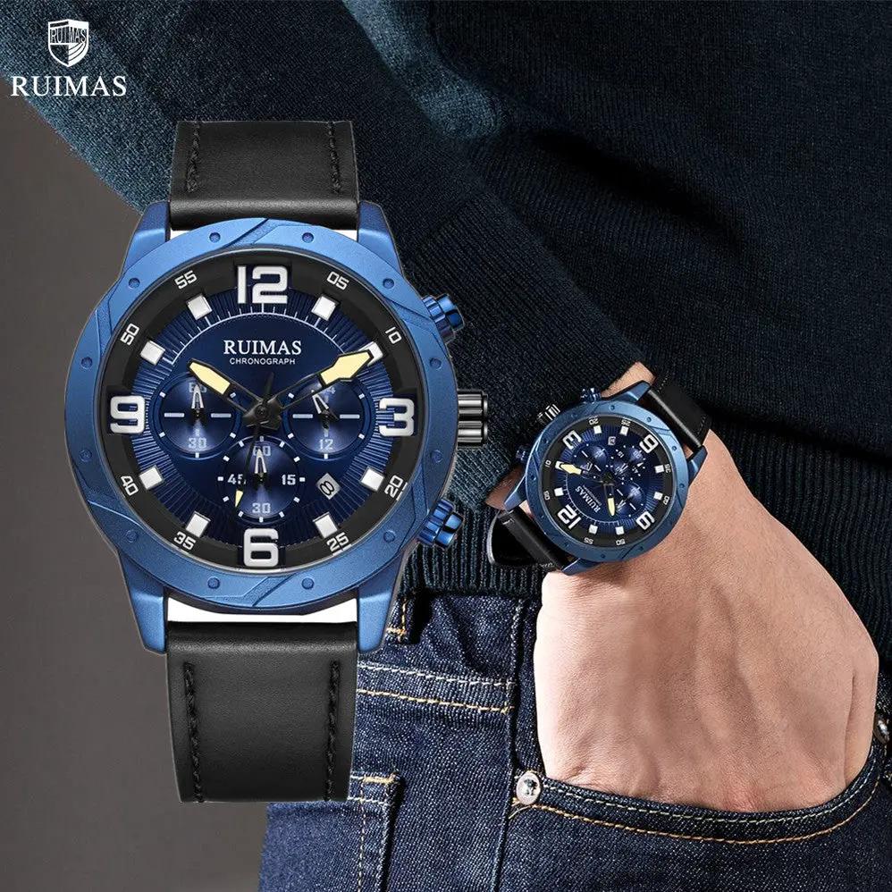 RUIMAS Relogio Masculino Fashion Men Quartz Watch Leather Sport Military Wristwatch Waterproof Clock with Auto Date 595 by MEGIR WATCH GROUP