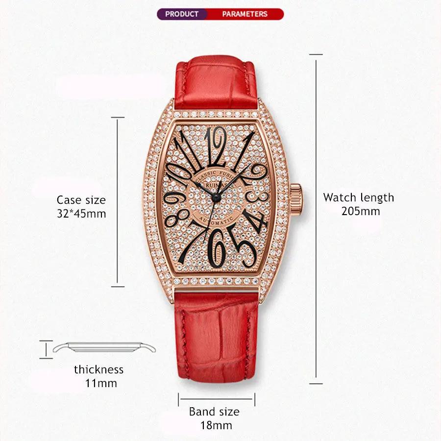 RUIMAS Luxury Diamond Women Automatic Mechanical Watches Waterproof Elegant Ladies Wrist Watch Clock Leather Reloj Mujer 6757 by MEGIR WATCH GROUP