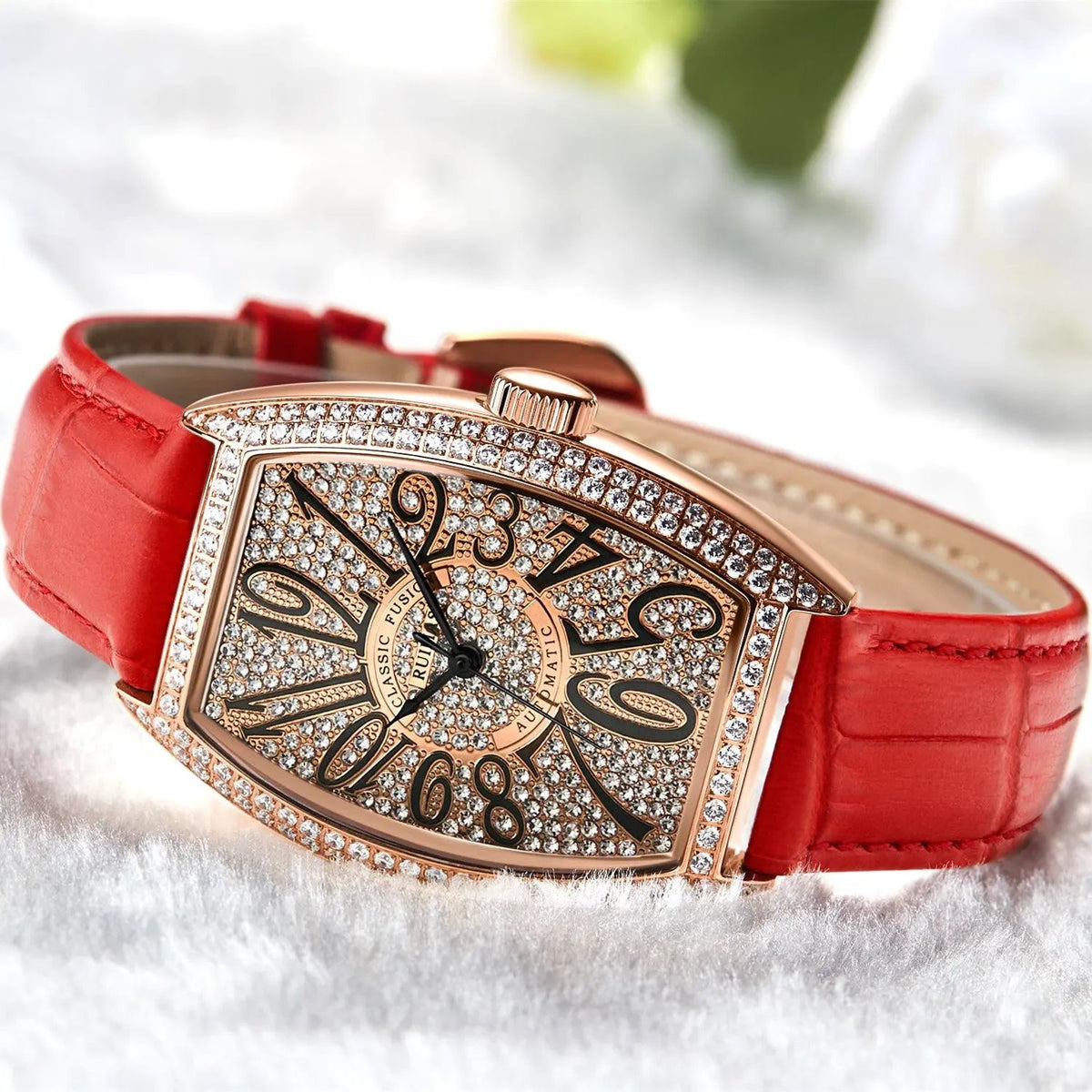 RUIMAS Luxury Diamond Women Automatic Mechanical Watches Waterproof Elegant Ladies Wrist Watch Clock Leather Reloj Mujer 6757 by MEGIR WATCH GROUP