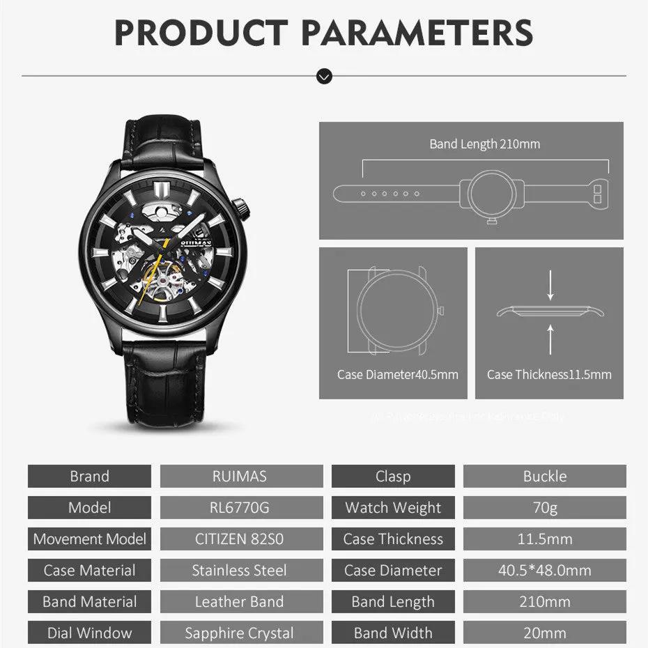RUIMAS Men Mechanical Wristwatch Fashion Casual Leather Band Watch Luxury Sport Wrist Watch Chronograph Luminous Man Clock 6770 by MEGIR WATCH GROUP