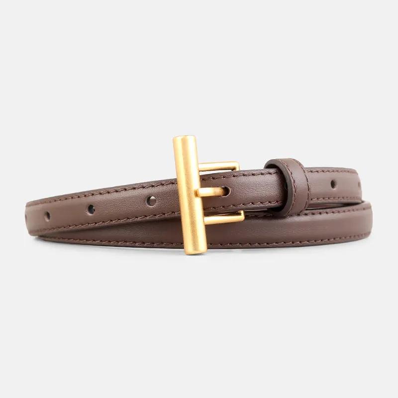 Leather Belt with Golden T-Buckle by Trendsi