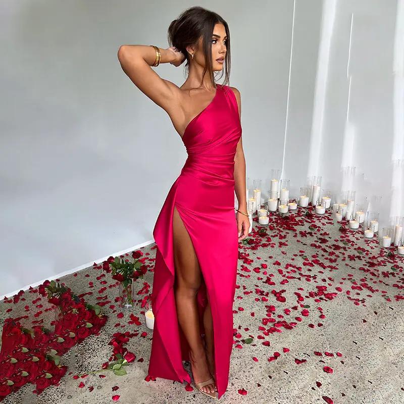 Sexy One-shoulder Backless Slit Dress Summer Elegant Slim-fit Solid Color Satin Dresses For Women by Maiden-Art