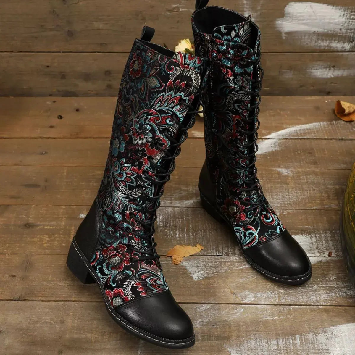 Embroidered Lace-Up Block Heel Boots by Partner Label