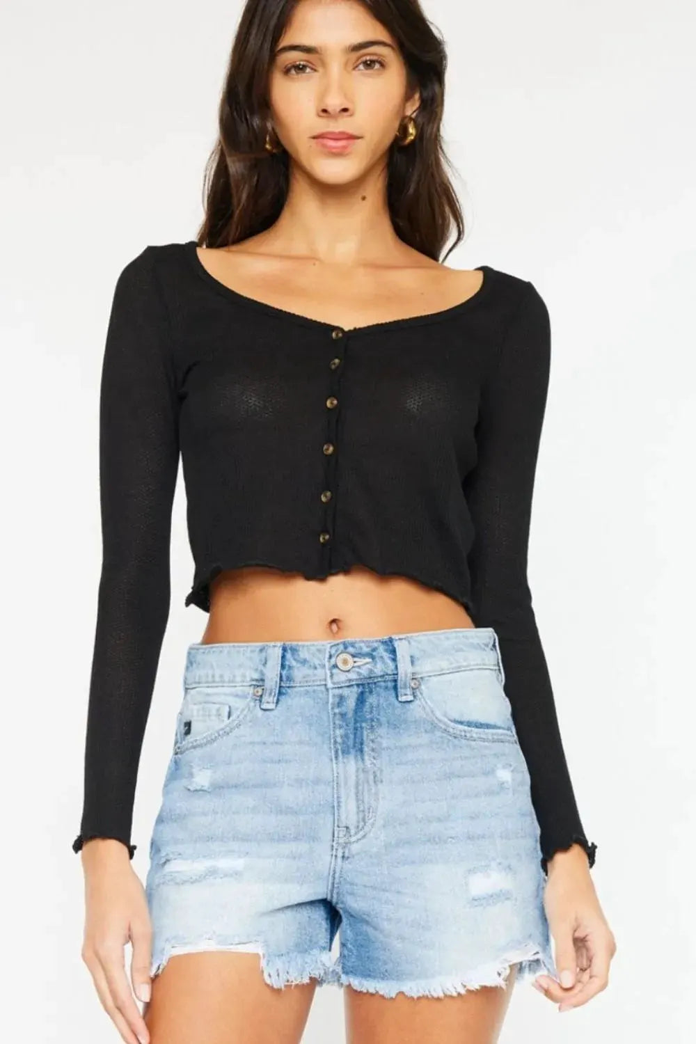 Kancan High Waist Frayed Denim Shorts by Kancan
